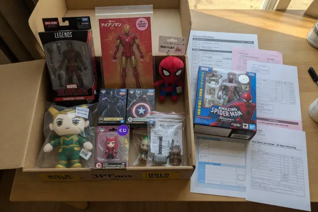 Packed Marvel and MCU collectibles including figures, plush and acrylic stands prepared for international forwarding from Japan