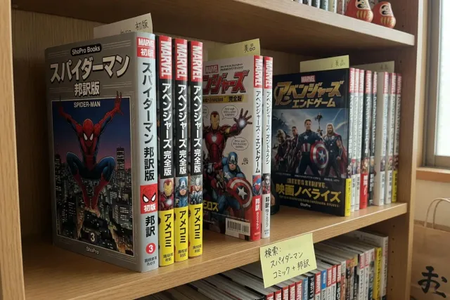 Shelf of Japanese-language Marvel Comics editions featuring Spider-Man, Avengers and Marvel Cinematic Universe characters