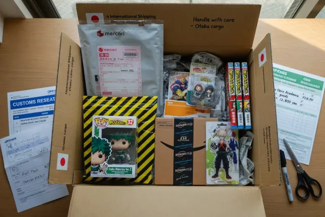 My Hero Academia orders prepared for international shipping in a consolidated parcel from Japan