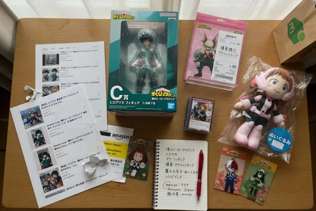 My Hero Academia items from Japanese marketplaces including character figures, acrylic stands, and plush collectibles