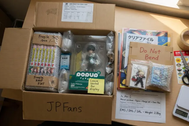 A securely packed international parcel containing My Hero Academia merch from Japan ready for worldwide shipping
