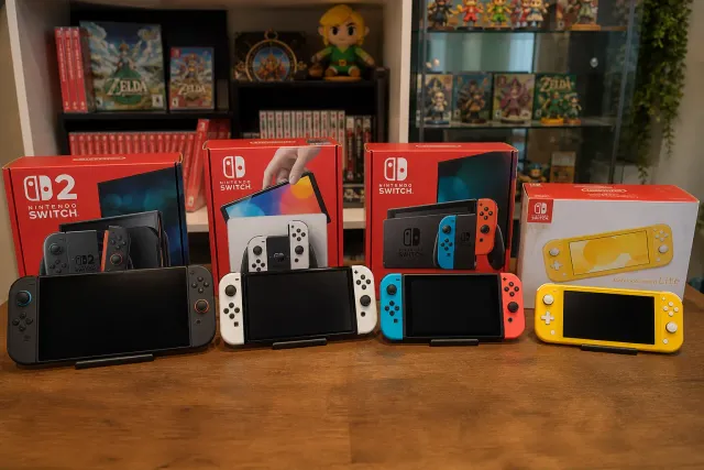 Nintendo Switch 2, Nintendo Switch OLED, standard Nintendo Switch, and Switch Lite displayed side by side