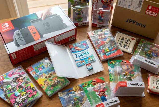 Japanese Nintendo console and game accessories displayed beside Nintendo Switch game cases