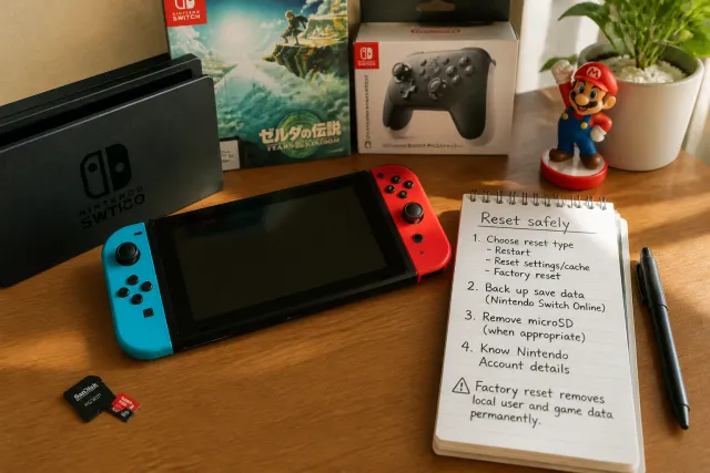 Nintendo Switch console on a table showing how to reset a Nintendo Switch safely