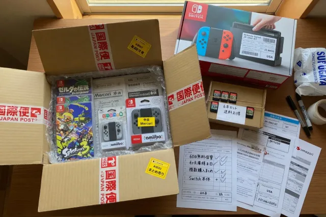Nintendo Switch games and accessories packed together for international shipping from Japan
