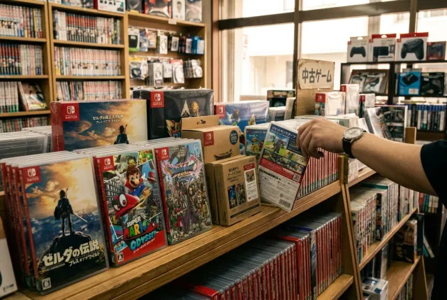 Popular Nintendo Switch games in Japanese cases arranged in a used game shop