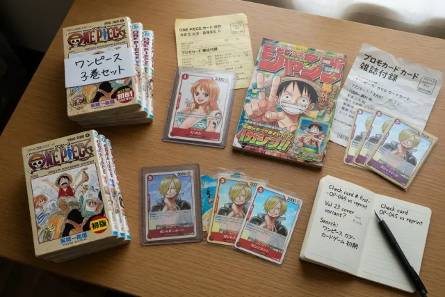 Older One Piece manga volumes, vintage trading cards and collectible goods from Japanese resale shops