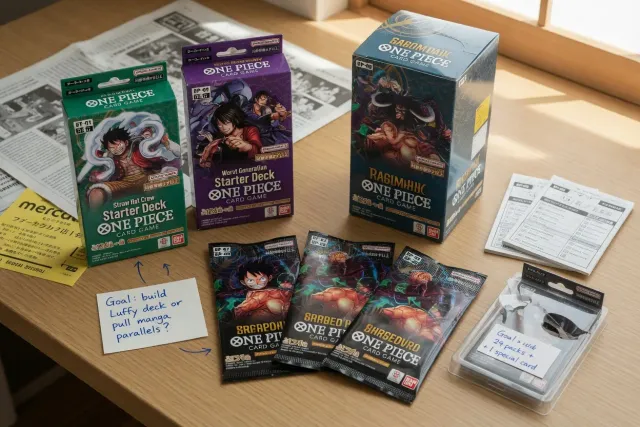 Sealed One Piece TCG booster packs, card boxes and starter decks arranged for collectors