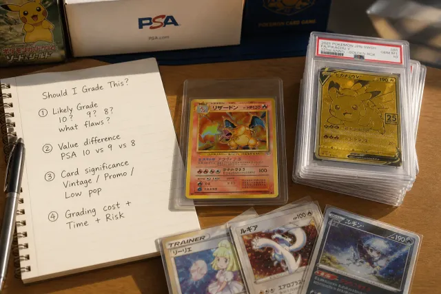 A collector inspecting a raw Japanese Pokémon card under bright light for grading