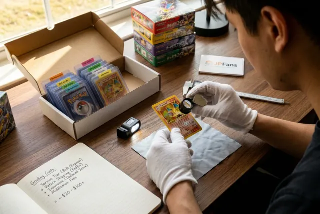 Close-up of raw Pokémon cards in protective sleeves prepared for a grading submission