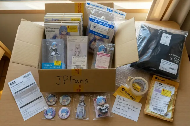 Several Re:Zero purchases from Japanese marketplaces packed together for international shipping consolidation