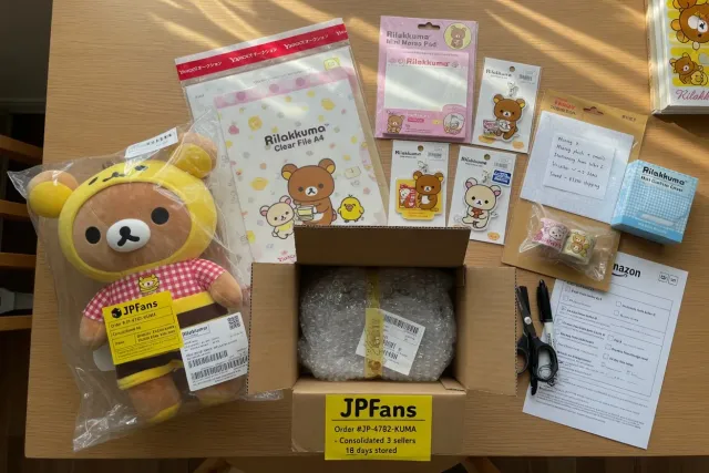 Several Rilakkuma packages including plush toys and stationery prepared together for international shipping