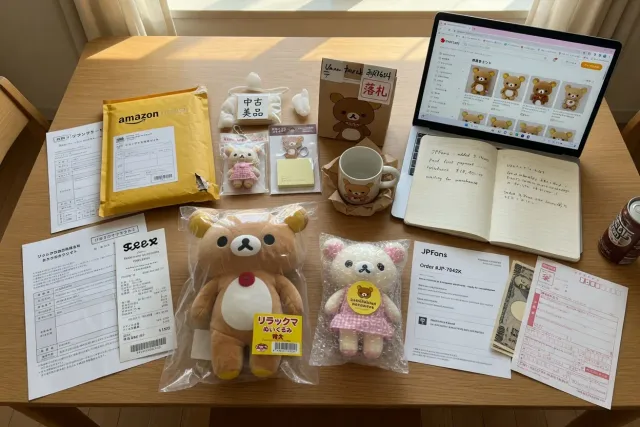 Rilakkuma plush and collectible goods from Japan arranged on a shopping table
