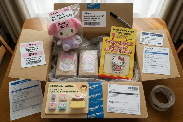 Several Sanrio purchases prepared together for consolidated international shipping from Japan