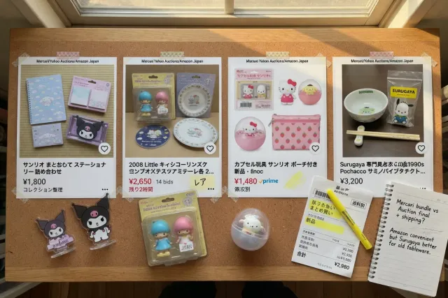 Sanrio stationery, pouches, and tableware listed across Japanese online marketplaces for price comparison