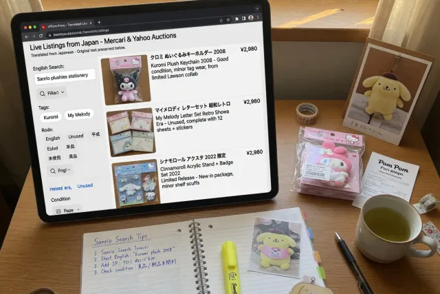 Translated live listings for Sanrio goods, including character plushies, stationery, and collectible accessories from Japan
