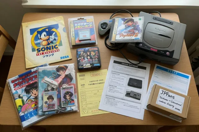 Vintage SEGA items and Japanese SEGA collectibles arranged beside a retro game console