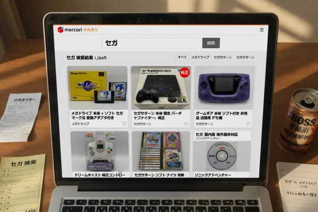 Japanese SEGA game listings and retro hardware searched with the keyword セガ on a marketplace screen