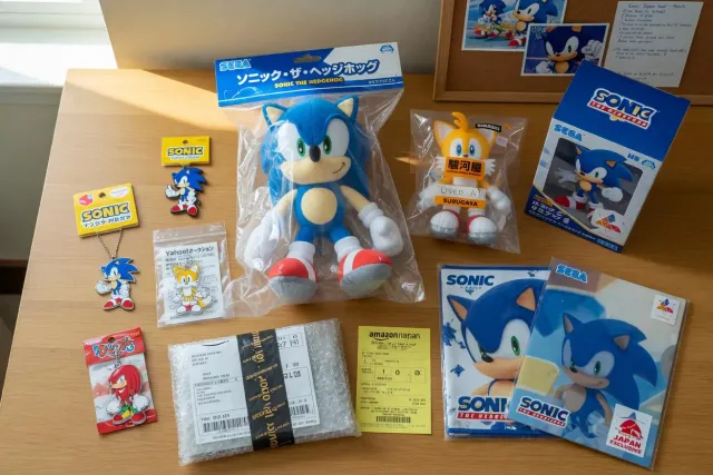 Japanese Sonic merchandise and Sonic the Hedgehog collectibles displayed on a shelf