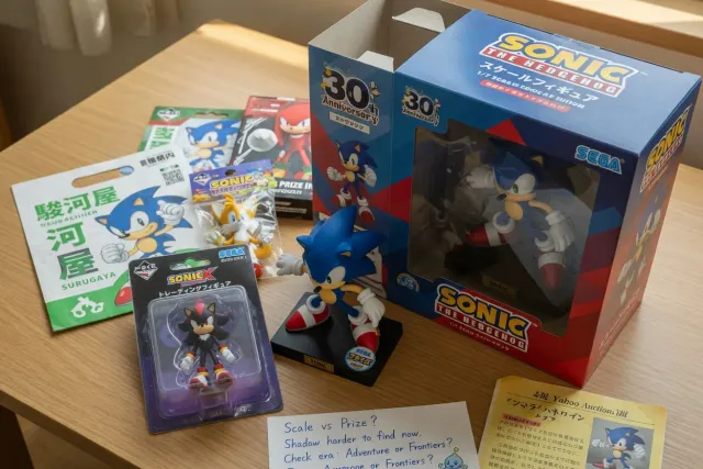 Japanese Sonic the Hedgehog collectible figure displayed with original box and character goods