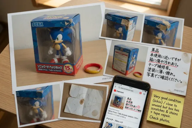 Close-up listing photos of a Sonic the Hedgehog figure box, accessories, and seller-stated condition notes