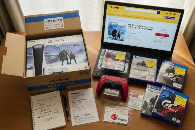 Person browsing PlayStation listings on Yahoo Auctions Japan before placing a bid