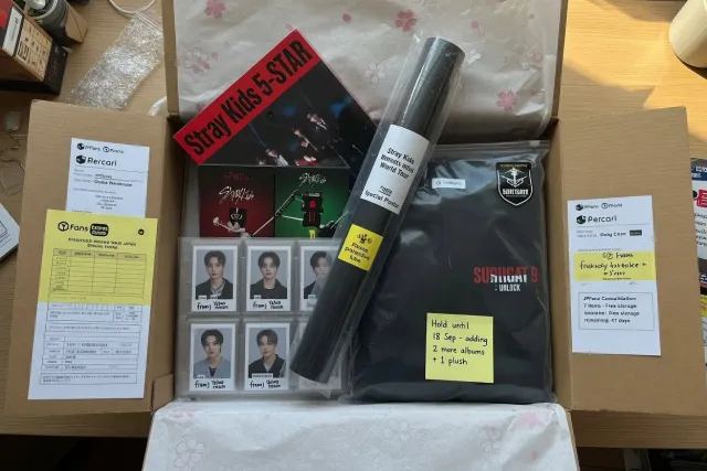 Several Stray Kids Japan purchases including albums, photocards, and apparel prepared together in one shipping box