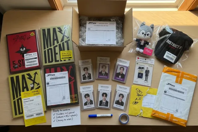 Stray Kids albums, photocards, and character goods prepared to combine multiple Stray Kids orders into one parcel