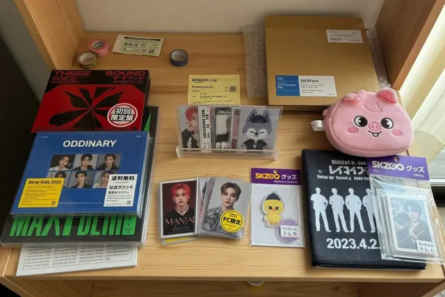 Stray Kids merch from Japan including albums, photocards, plush toys and concert goods arranged on a table