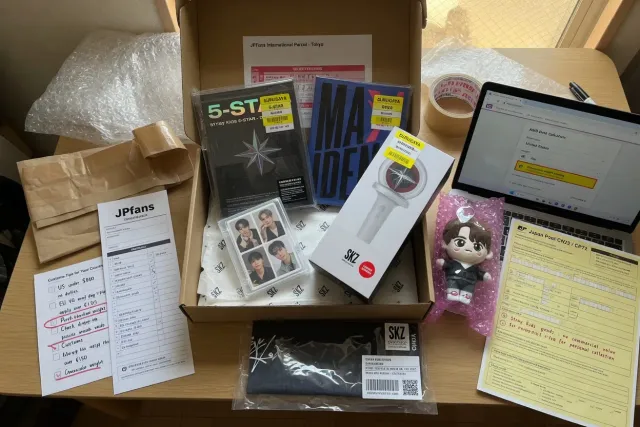 Packed Stray Kids albums and collectibles ready for worldwide shipping from Japan