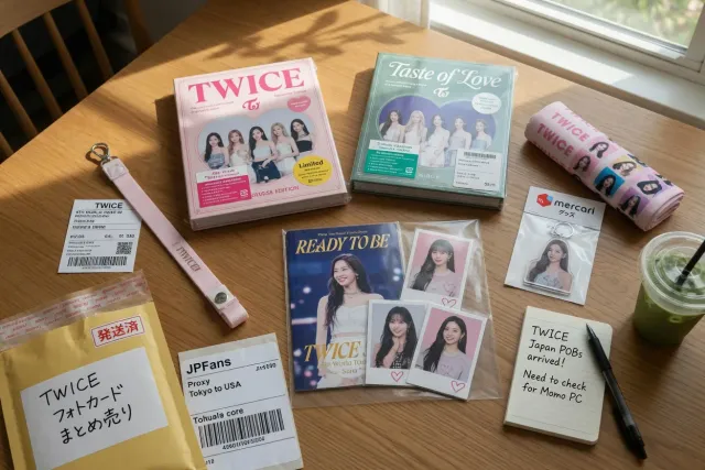 Official TWICE merchandise from Japan, including albums, photocards, and character goods