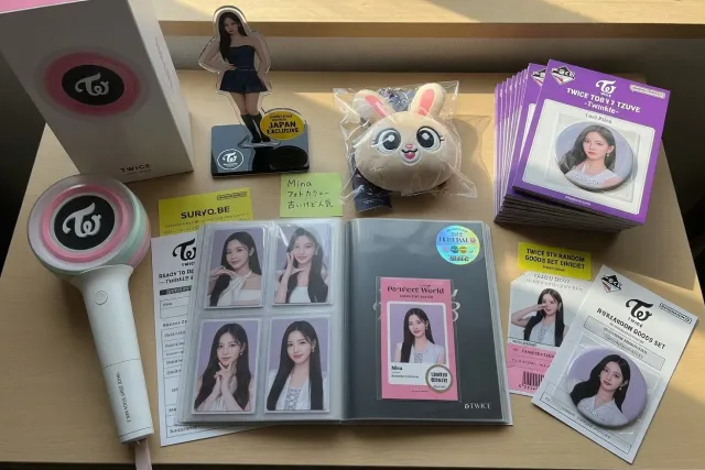 A Japanese TWICE collection with lightsticks, acrylic stands, plush, badges, and concert merchandise