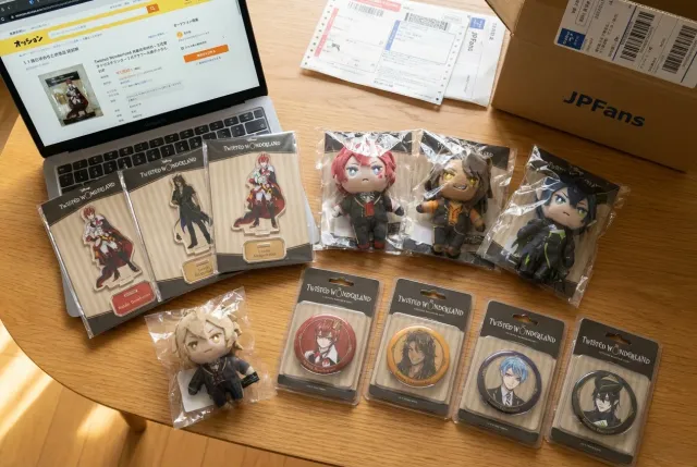 Twisted Wonderland goods and character merchandise displayed on a Japanese marketplace shelf