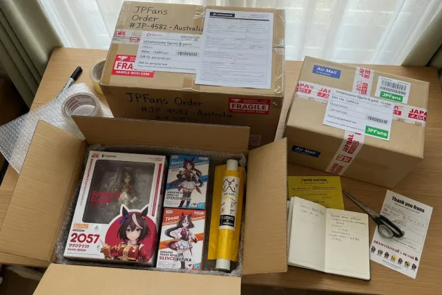 Umamusume international shipping package from Japan with character merchandise ready for worldwide delivery