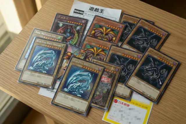 Assorted Japanese Yu-Gi-Oh! cards showing foil rarities, set codes, and different printings