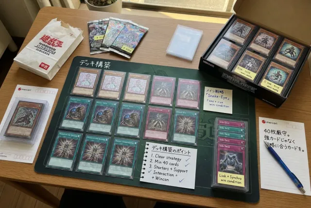 A collection of Yu-Gi-Oh cards laid out on a table during the deck building process
