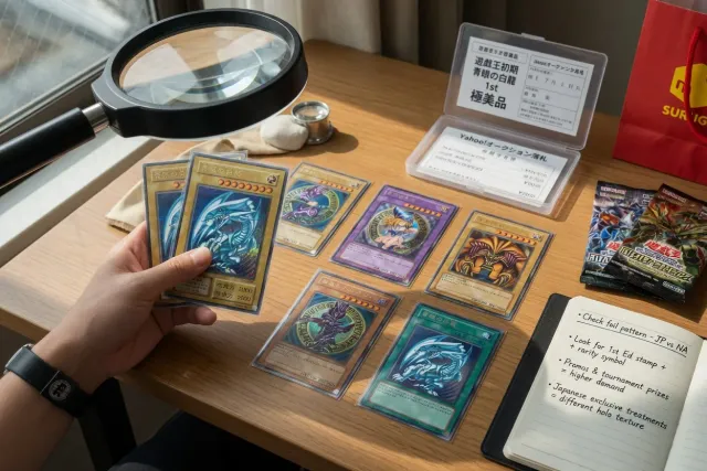 Collector examining valuable Yu-Gi-Oh cards and Japanese foil card printings