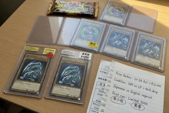 Japanese Yu-Gi-Oh cards in protective sleeves, illustrating Yu-Gi-Oh card prices and rarity